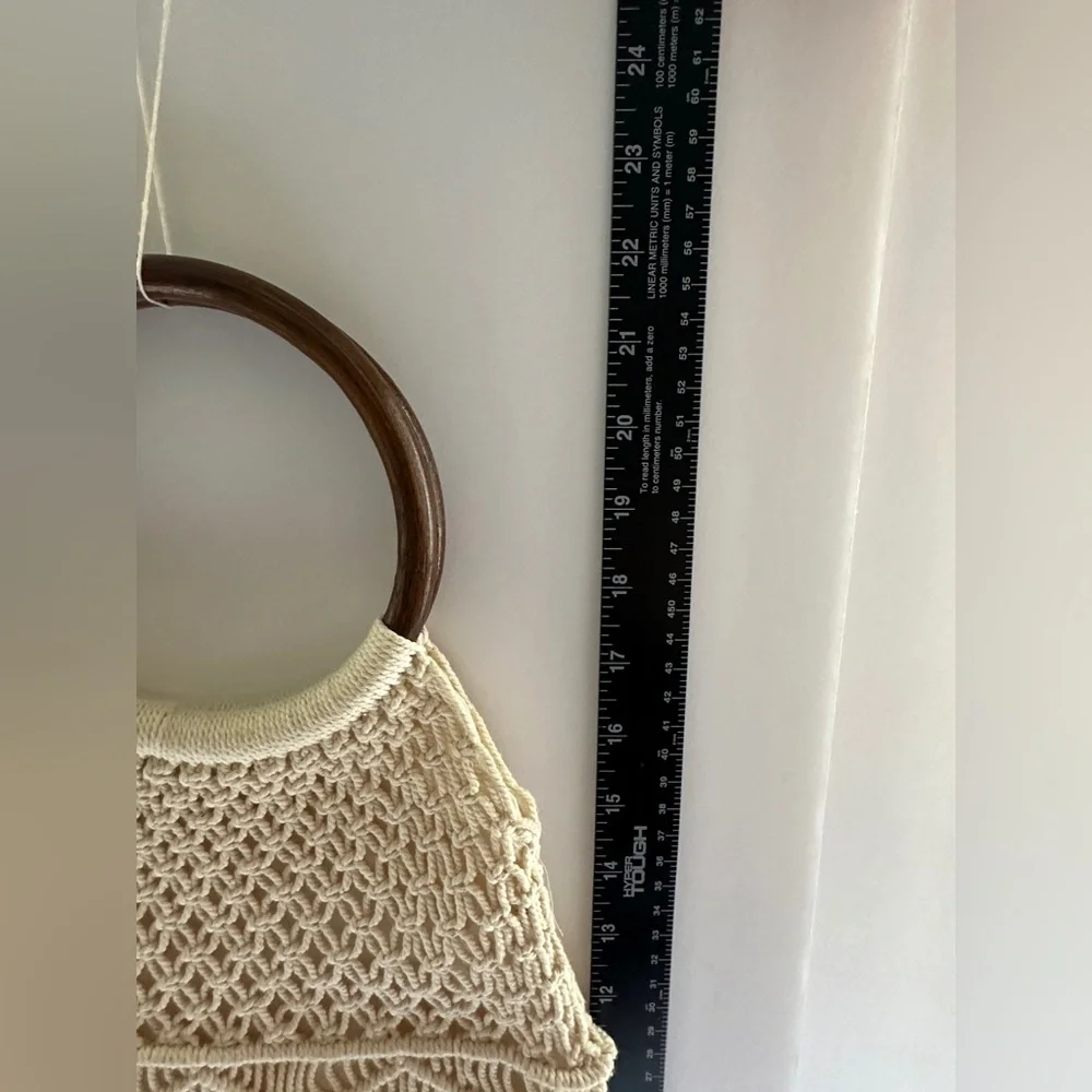 Macrame Crochet Handbag Woven Purse Wood Ring Handles Fringe Boho Bag NEW